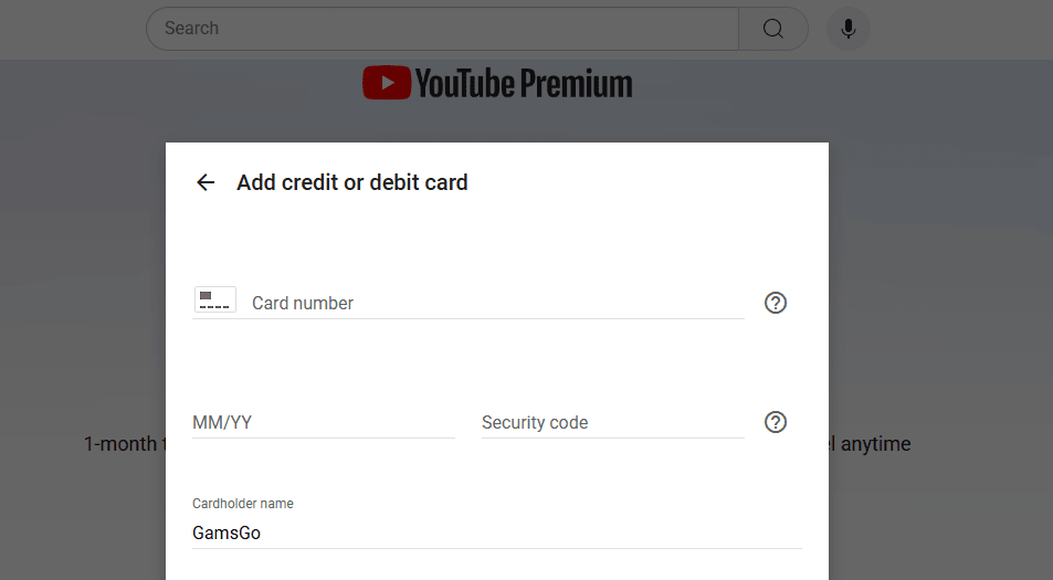 YouTube Premium付款信息填写页面