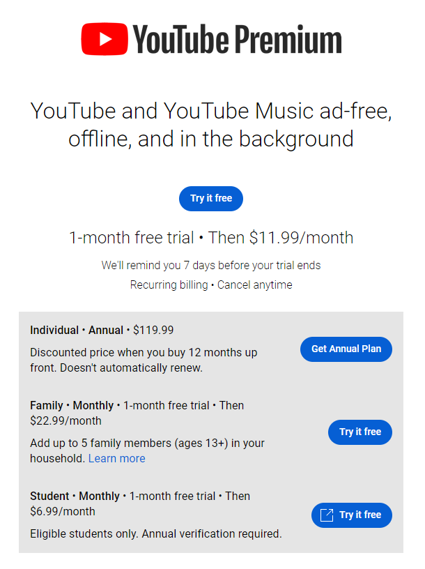 YouTube Premium定价方案